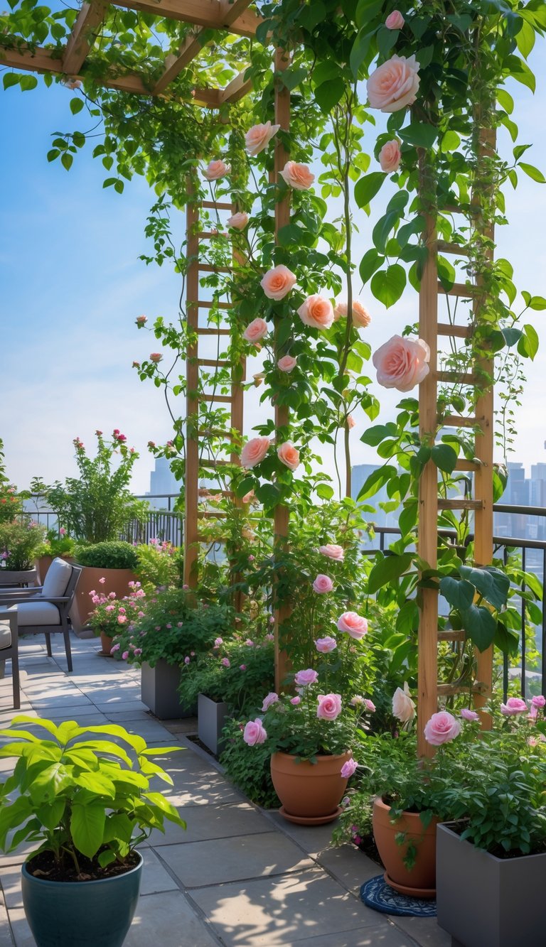 A terrace garden with climbing plants growing on wooden trellises, surrounded by potted flowers and outdoor furniture under a clear sky.